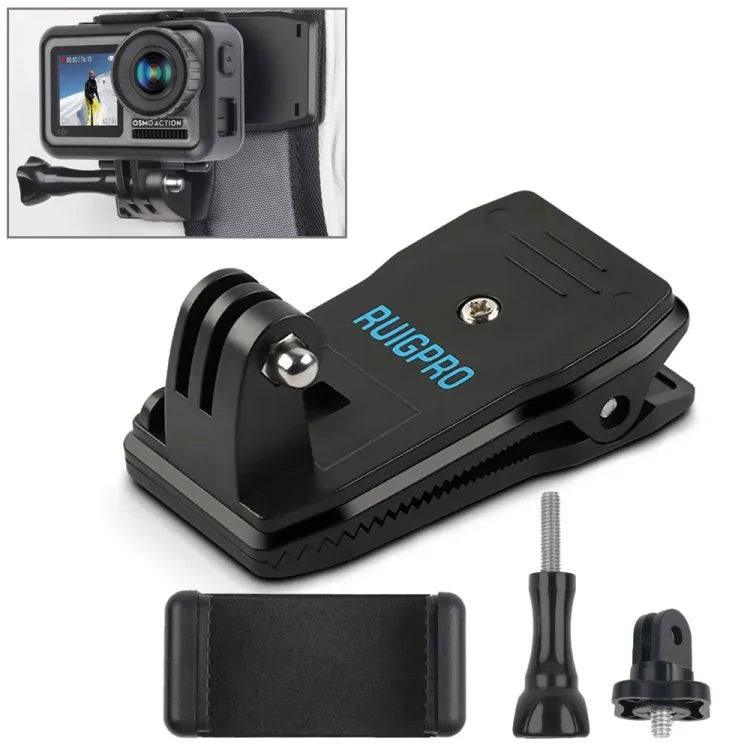 RUIGPRO مشبك تثبيت دوار بزاوية 360 درجة لحقيبة الظهر مع مشبك هاتف لـ GoPro، Insta360، DJI وكاميرات الحركة الأخرى، مشبك التثبيت + مشبك