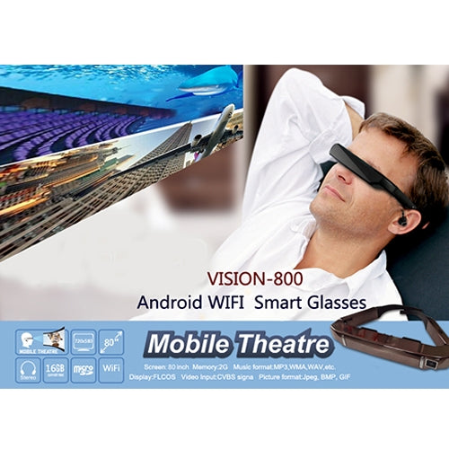 نظارات VISION-800 الذكية فائقة الدقة بنظام أندرويد 4.4 مع 1 جيجابايت + 2 جيجابايت ذاكرة، نظارات شبكية ثلاثية الأبعاد VR مع كاميرا 5.0 ميجابكسل، تدعم الواي فاي، البلوتوث، بطاقة TF، تسجيل الفيديو
