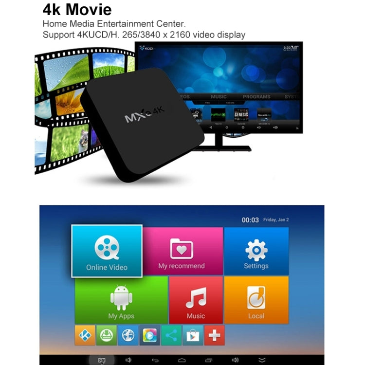 مشغل وسائط MXQ Pro 5G بدقة 1280 × 720 Full HD، 1GB+8GB، لوحة RK30 رباعية النواة، أندرويد 7.1، صندوق تلفاز مع جهاز تحكم عن بعد