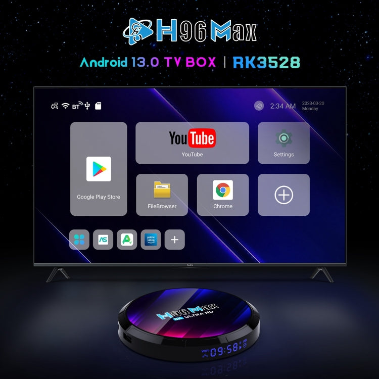 صندوق تلفاز ذكي H96 Max 8K Ultra HD بنظام أندرويد 13.0 مشغل وسائط مع جهاز تحكم عن بعد، رباعي النواة RK3528، 4GB+64GB، 4GB+64GB