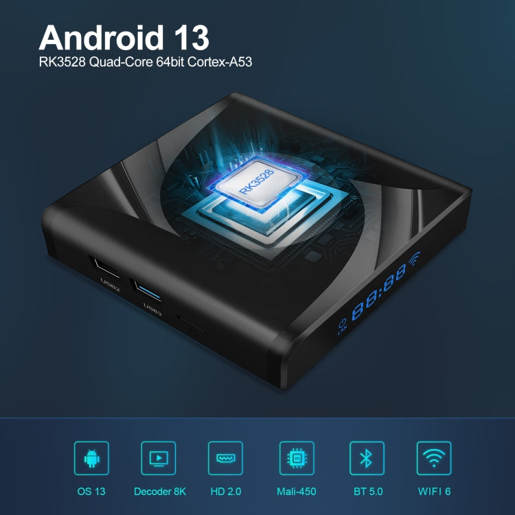 صندوق تلفاز ذكي X88 Pro 13 أندرويد 13.0 مع جهاز تحكم عن بعد، RK3528 رباعي النواة، 4G+64GB، 4G+64GB