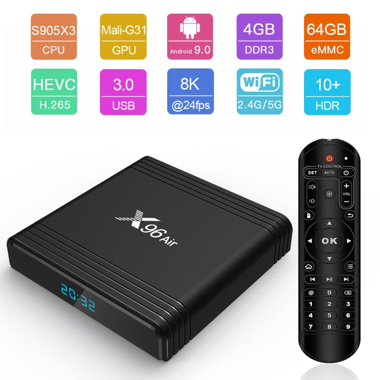 صندوق تلفاز ذكي X96 Air 8K بنظام أندرويد 9.0 مشغل وسائط مع جهاز تحكم عن بعد، رباعي النواة Amlogic S905X3، ذاكرة وصول عشوائي: 4 جيجابايت، ذاكرة تخزين داخلية: 32 جيجابايت، واي فاي مزدوج النطاق، بلوتوث، قابس أسترالي، 4GB+32GB