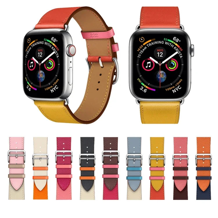 سوار ساعة من الجلد بحلقة مفردة بلونين لسلسلة Apple Watch 3 و2 و1، 38مم برتقالي + أزرق فاتح، 42مم برتقالي + أزرق فاتح، 38مم وردي + أحمر نبيذي، 42مم وردي + أحمر نبيذي، 38مم كهرماني + برتقالي أحمر + وردي فاتح، 42مم كهرماني + برتقالي أحمر + وردي فاتح