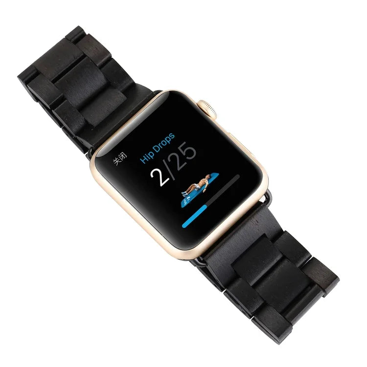 Wooden wrist strap for Apple Watch displayed on a smartwatch, showcasing its stylish design and compatible fit.