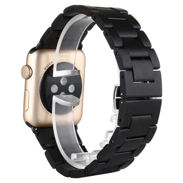 Wooden wrist strap for Apple Watch, compatible with various models, showcasing stylish design and easy installation.