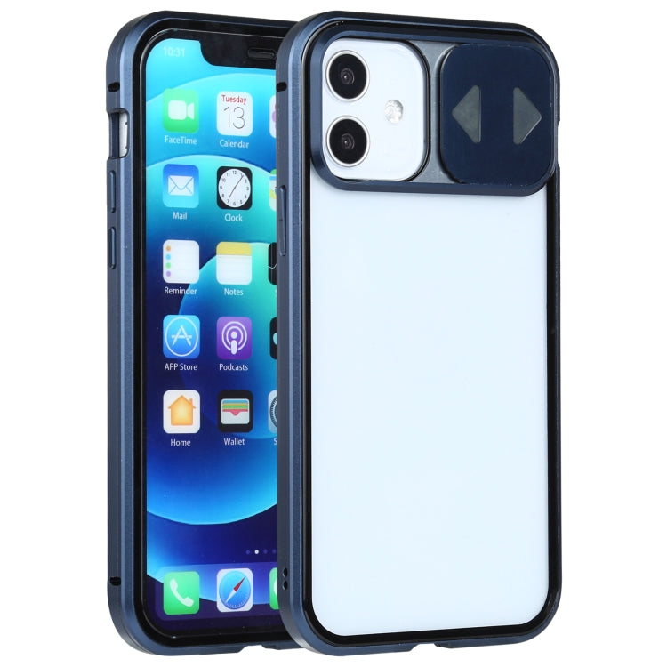 Sliding Lens Cover Mirror Design Four-corner Shockproof Magnetic Metal Frame Double-sided Tempered Glass Case, For iPhone 11, For iPhone 11 Pro, For iPhone 11 Pro Max, For iPhone 12 mini, For iPhone 12 / 12 Pro, For iPhone 12 Pro Max