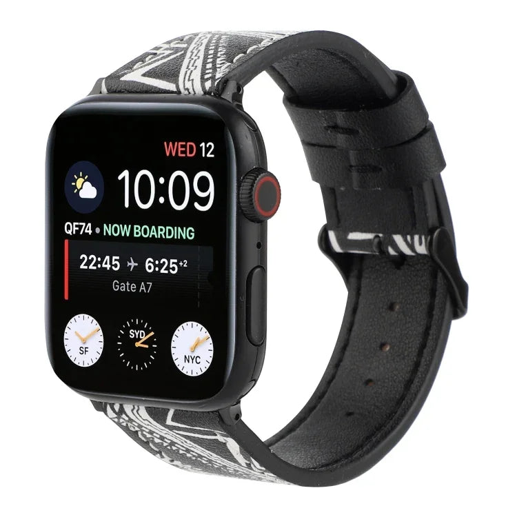 Printed Leather Watch Strap, For Apple Watch Series 7 45mm / 6 & SE & 5 & 4 44mm / 3 & 2 & 1 42mm, For Apple Watch Series 8&7 41mm / SE 2&6&SE&5&4 40mm / 3&2&1 38mm, For Apple Watch PSeries 7 41mm / 6 & SE & 5 & 4 40mm / 3 & 2 & 1 38mm                 ...