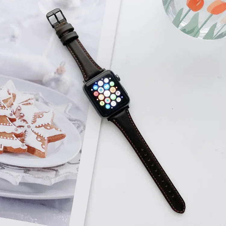Small Pretty Waist Double-sided Leather Replacement Watchbands For Apple Watch Series 6 & SE & 5 & 4 40mm / 3 & 2 & 1 38mm
