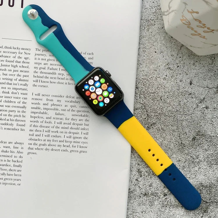 Silicone Color Matching Replacement Watchbands For Apple Watch Series 6 & SE & 5 & 4 40mm / 3 & 2 & 1 38mm, For Apple Watch 40mm/38mm(Black+Red+White), For Apple Watch 40mm/38mm(Red+White+Black), For Apple Watch 40mm/38mm(Light Blue+Dark Blue+Yellow)  ...