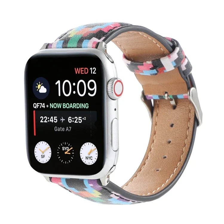 سوار ساعة من الجلد المطبوع بنمط رخامي عرقي لسلسلة Apple Watch 6 و SE و 5 و 4 بمقاس 44مم / 3 و 2 و 1 بمقاس 42مم، 5 و 4 بمقاس 40مم / 3 و 2 و 1 بمقاس 38مم
