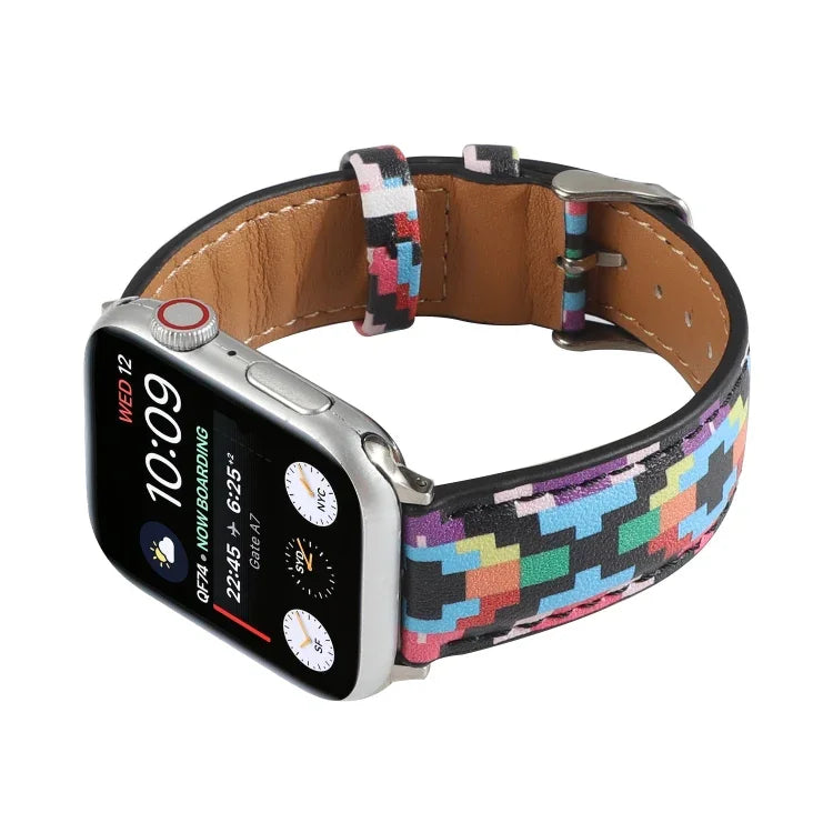 سوار ساعة من الجلد المطبوع بنمط رخامي عرقي لسلسلة Apple Watch 6 و SE و 5 و 4 بمقاس 44مم / 3 و 2 و 1 بمقاس 42مم، 5 و 4 بمقاس 40مم / 3 و 2 و 1 بمقاس 38مم