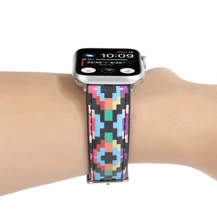 سوار ساعة من الجلد المطبوع بنمط رخامي عرقي لسلسلة Apple Watch 6 و SE و 5 و 4 بمقاس 44مم / 3 و 2 و 1 بمقاس 42مم، 5 و 4 بمقاس 40مم / 3 و 2 و 1 بمقاس 38مم