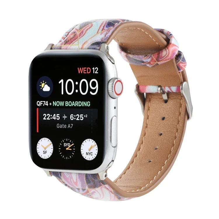 سوار ساعة من الجلد المطبوع بنمط رخامي عرقي لسلسلة Apple Watch 6 و SE و 5 و 4 بمقاس 44مم / 3 و 2 و 1 بمقاس 42مم، 5 و 4 بمقاس 40مم / 3 و 2 و 1 بمقاس 38مم