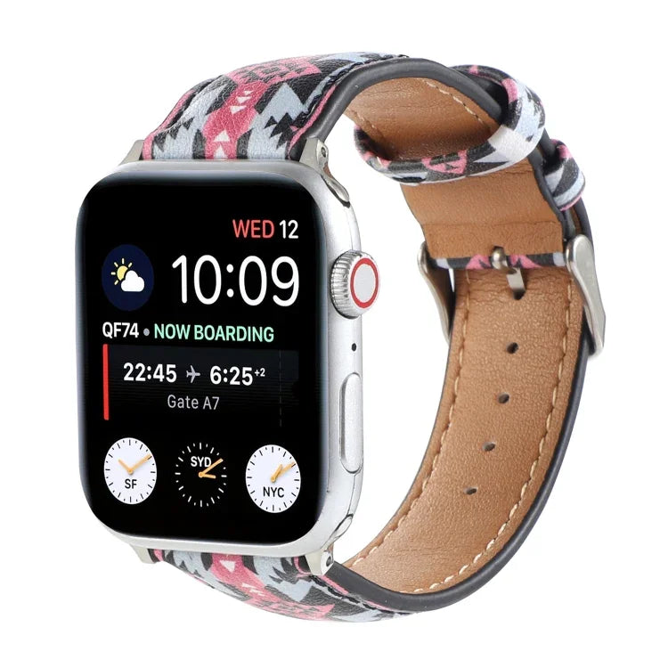 سوار ساعة من الجلد المطبوع بنمط رخامي عرقي لسلسلة Apple Watch 6 و SE و 5 و 4 بمقاس 44مم / 3 و 2 و 1 بمقاس 42مم، 5 و 4 بمقاس 40مم / 3 و 2 و 1 بمقاس 38مم