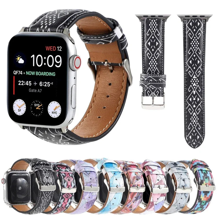 سوار ساعة من الجلد المطبوع بنمط رخامي عرقي لسلسلة Apple Watch 6 و SE و 5 و 4 بمقاس 44مم / 3 و 2 و 1 بمقاس 42مم، 5 و 4 بمقاس 40مم / 3 و 2 و 1 بمقاس 38مم