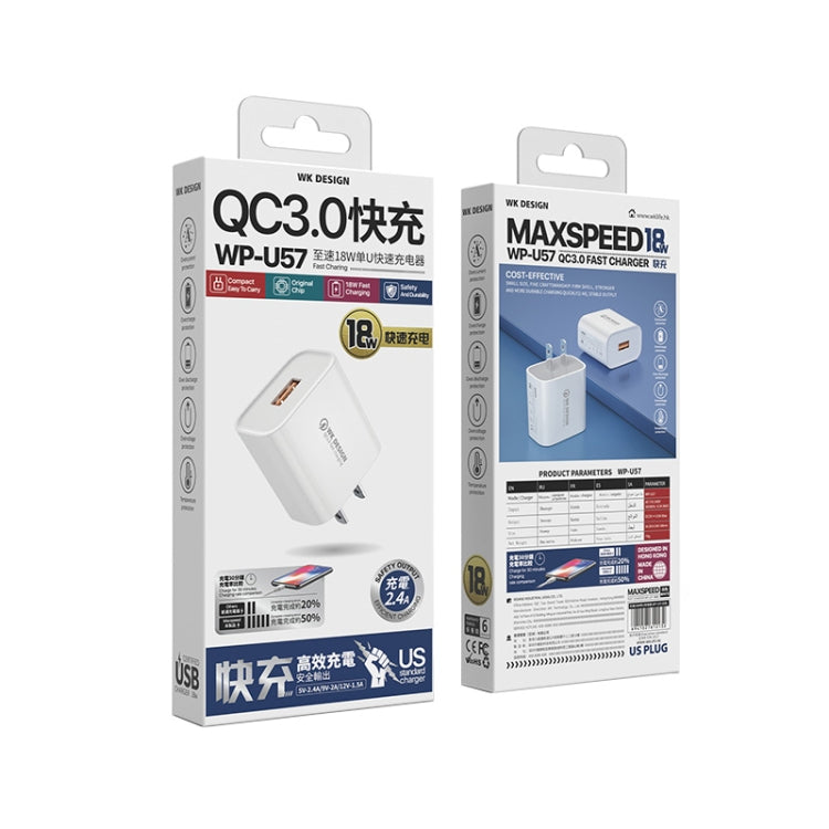 شاحن سريع WK WP-U57 بقوة 18 واط QC3.0 + كابل بيانات USB إلى Type-C / USB-C، قابس الولايات المتحدة
