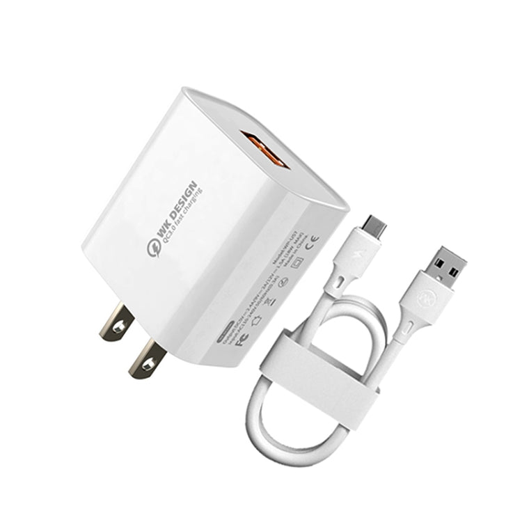 شاحن سريع WK WP-U57 Max بقوة 18 واط Maxspeed QC3.0 + كابل بيانات USB إلى Micro USB، قابس الولايات المتحدة، قابس الاتحاد الأوروبي