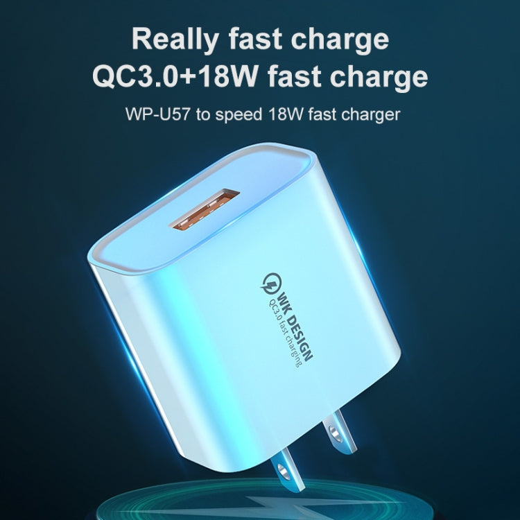 شاحن سريع WK WP-U57 Max بقوة 18 واط Maxspeed QC3.0 + كابل بيانات USB إلى 8 سنون، قابس الولايات المتحدة، قابس الاتحاد الأوروبي