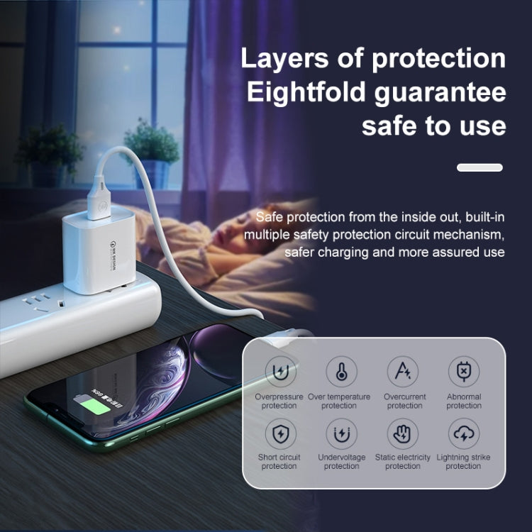 شاحن سريع WK WP-U57 Max بقوة 18 واط Maxspeed QC3.0 + كابل بيانات USB إلى 8 سنون، قابس الولايات المتحدة، قابس الاتحاد الأوروبي