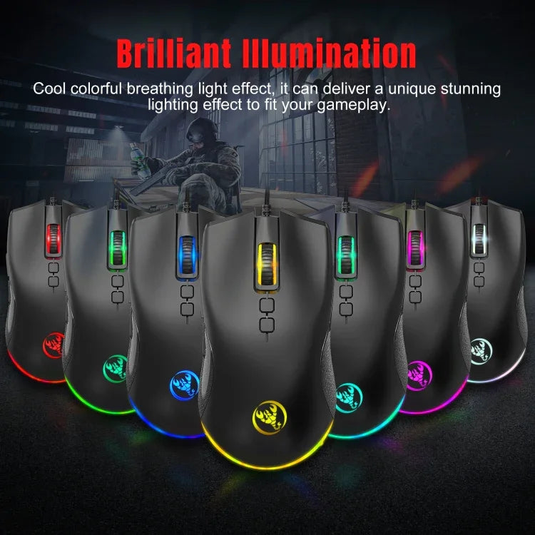 فأرة ألعاب سلكية ميكانيكية HXSJ A883 بـ 7 أزرار ودقة 6400 DPI مع إضاءة RGB