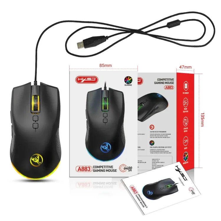 فأرة ألعاب سلكية ميكانيكية HXSJ A883 بـ 7 أزرار ودقة 6400 DPI مع إضاءة RGB