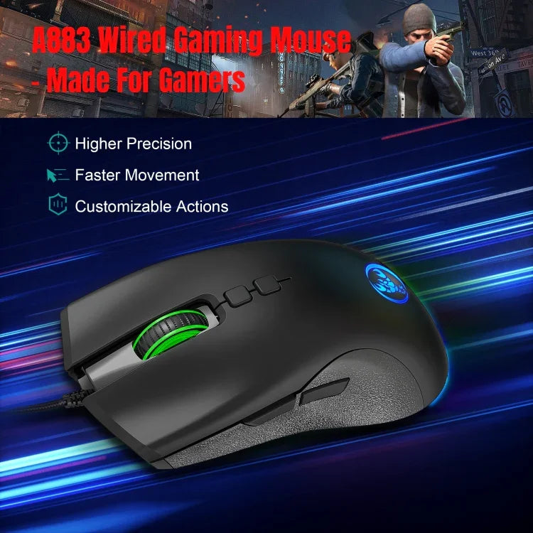 فأرة ألعاب سلكية ميكانيكية HXSJ A883 بـ 7 أزرار ودقة 6400 DPI مع إضاءة RGB