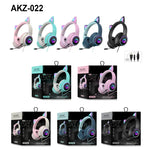 سماعة رأس قابلة للطي بتصميم أذن قطة مع LED وميكروفون، منفذ USB + 3.5 مم، طراز AKZ-022