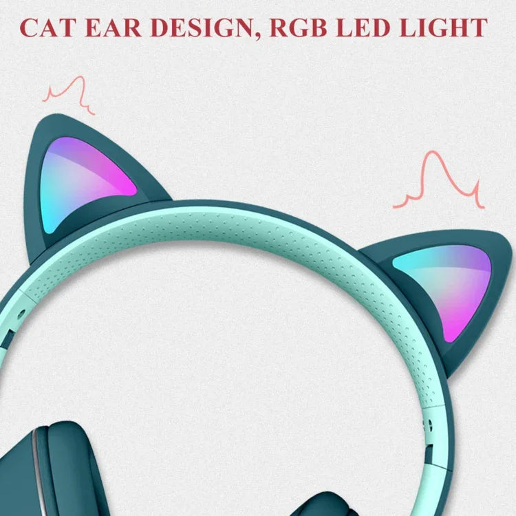 سماعة رأس قابلة للطي بتصميم أذن قطة مع LED وميكروفون، منفذ USB + 3.5 مم، طراز AKZ-022