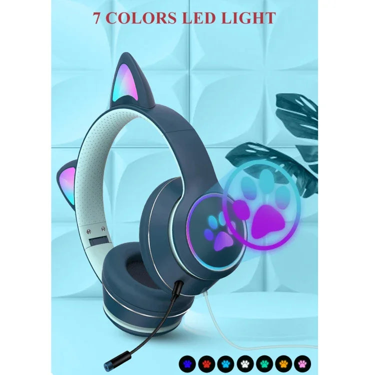 سماعة رأس قابلة للطي بتصميم أذن قطة مع LED وميكروفون، منفذ USB + 3.5 مم، طراز AKZ-022