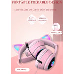 سماعة رأس قابلة للطي بتصميم أذن قطة مع LED وميكروفون، منفذ USB + 3.5 مم، طراز AKZ-022