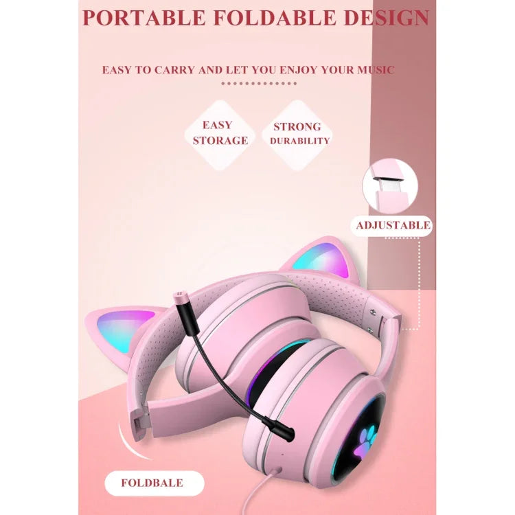 سماعة رأس قابلة للطي بتصميم أذن قطة مع LED وميكروفون، منفذ USB + 3.5 مم، طراز AKZ-022