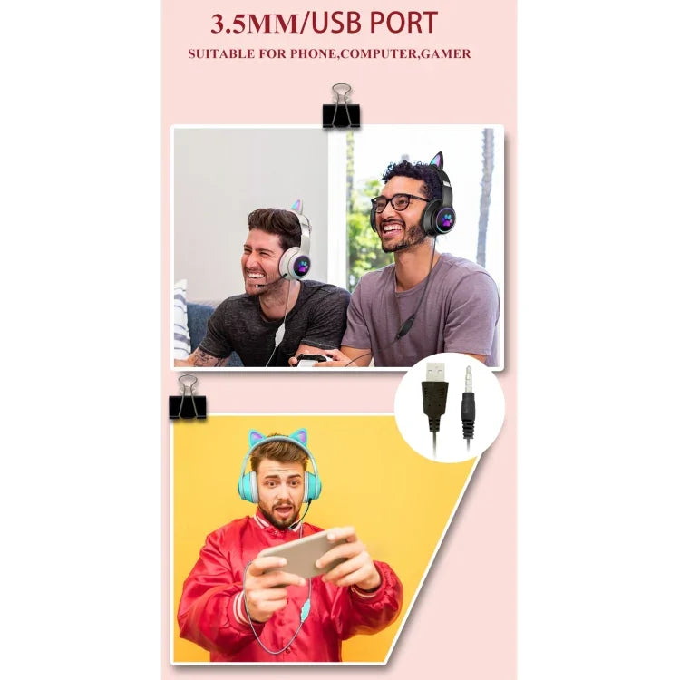 سماعة رأس قابلة للطي بتصميم أذن قطة مع LED وميكروفون، منفذ USB + 3.5 مم، طراز AKZ-022