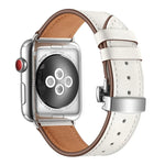 أحزمة ساعات بديلة من الجلد الأصلي مع إبزيم فراشة فضي لسلسلة Apple Watch 6 و SE و 5 و 4 بمقاس 44مم / 3 و 2 و 1 بمقاس 42مم، إبزيم فضي لسلسلة Apple Watch 7 بمقاس 45مم / 6 و SE و 5 و 4 بمقاس 44مم / 3 و 2 و 1 بمقاس 42مم