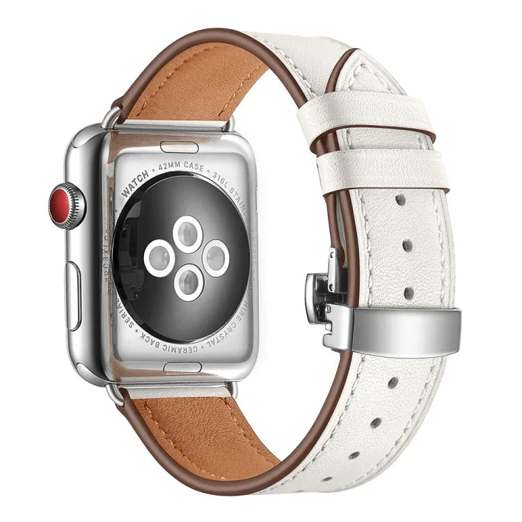 أحزمة ساعات بديلة من الجلد الأصلي مع إبزيم فراشة فضي لسلسلة Apple Watch 6 و SE و 5 و 4 بمقاس 44مم / 3 و 2 و 1 بمقاس 42مم، إبزيم فضي لسلسلة Apple Watch 7 بمقاس 45مم / 6 و SE و 5 و 4 بمقاس 44مم / 3 و 2 و 1 بمقاس 42مم