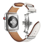 أحزمة ساعات بديلة من الجلد الأصلي مع إبزيم فراشة فضي لسلسلة Apple Watch 6 و SE و 5 و 4 بمقاس 44مم / 3 و 2 و 1 بمقاس 42مم، إبزيم فضي لسلسلة Apple Watch 7 بمقاس 45مم / 6 و SE و 5 و 4 بمقاس 44مم / 3 و 2 و 1 بمقاس 42مم