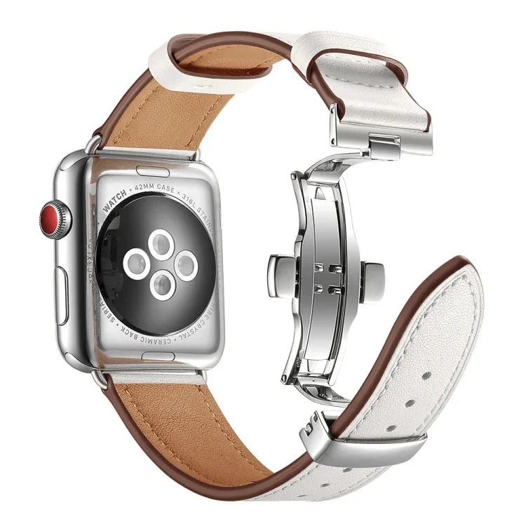 أحزمة ساعات بديلة من الجلد الأصلي مع إبزيم فراشة فضي لسلسلة Apple Watch 6 و SE و 5 و 4 بمقاس 44مم / 3 و 2 و 1 بمقاس 42مم، إبزيم فضي لسلسلة Apple Watch 7 بمقاس 45مم / 6 و SE و 5 و 4 بمقاس 44مم / 3 و 2 و 1 بمقاس 42مم