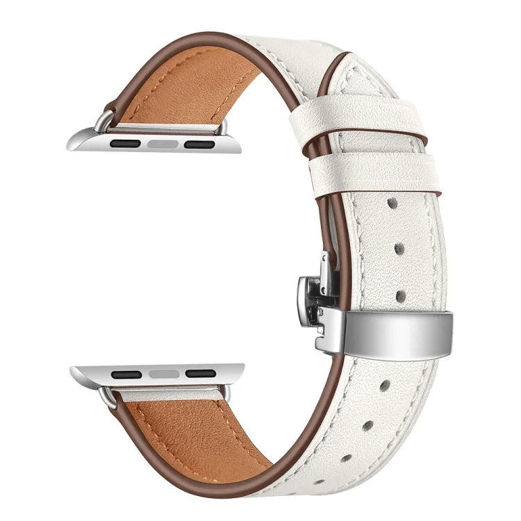 أحزمة ساعات بديلة من الجلد الأصلي مع إبزيم فراشة فضي لسلسلة Apple Watch 6 و SE و 5 و 4 بمقاس 44مم / 3 و 2 و 1 بمقاس 42مم، إبزيم فضي لسلسلة Apple Watch 7 بمقاس 45مم / 6 و SE و 5 و 4 بمقاس 44مم / 3 و 2 و 1 بمقاس 42مم