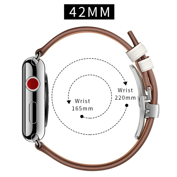 أحزمة ساعات بديلة من الجلد الأصلي مع إبزيم فراشة فضي لسلسلة Apple Watch 6 و SE و 5 و 4 بمقاس 44مم / 3 و 2 و 1 بمقاس 42مم، إبزيم فضي لسلسلة Apple Watch 7 بمقاس 45مم / 6 و SE و 5 و 4 بمقاس 44مم / 3 و 2 و 1 بمقاس 42مم