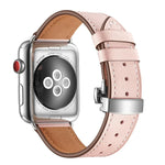 أحزمة ساعات بديلة من الجلد الأصلي مع إبزيم فراشة فضي لسلسلة Apple Watch 6 و SE و 5 و 4 بمقاس 44مم / 3 و 2 و 1 بمقاس 42مم، إبزيم فضي لسلسلة Apple Watch 7 بمقاس 45مم / 6 و SE و 5 و 4 بمقاس 44مم / 3 و 2 و 1 بمقاس 42مم