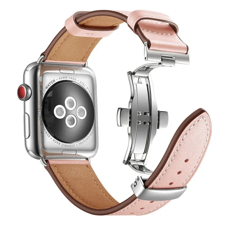 أحزمة ساعات بديلة من الجلد الطبيعي مع إبزيم فراشة فضي لسلسلة Apple Watch 6 و SE و 5 و 4 مقاس 40مم / 3 و 2 و 1 مقاس 38مم، إبزيم فضي لسلسلة Apple Watch 7 مقاس 41مم / 6 و SE و 5 و 4 مقاس 40مم / 3 و 2 و 1 مقاس 38مم