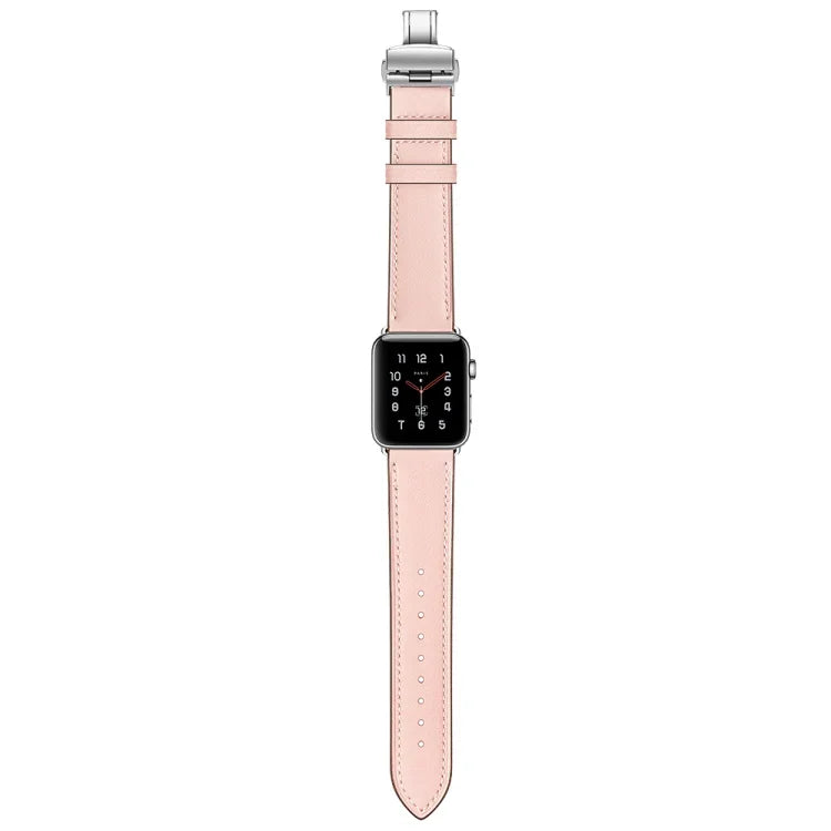 أحزمة ساعات بديلة من الجلد الطبيعي مع إبزيم فراشة فضي لسلسلة Apple Watch 6 و SE و 5 و 4 مقاس 40مم / 3 و 2 و 1 مقاس 38مم، إبزيم فضي لسلسلة Apple Watch 7 مقاس 41مم / 6 و SE و 5 و 4 مقاس 40مم / 3 و 2 و 1 مقاس 38مم