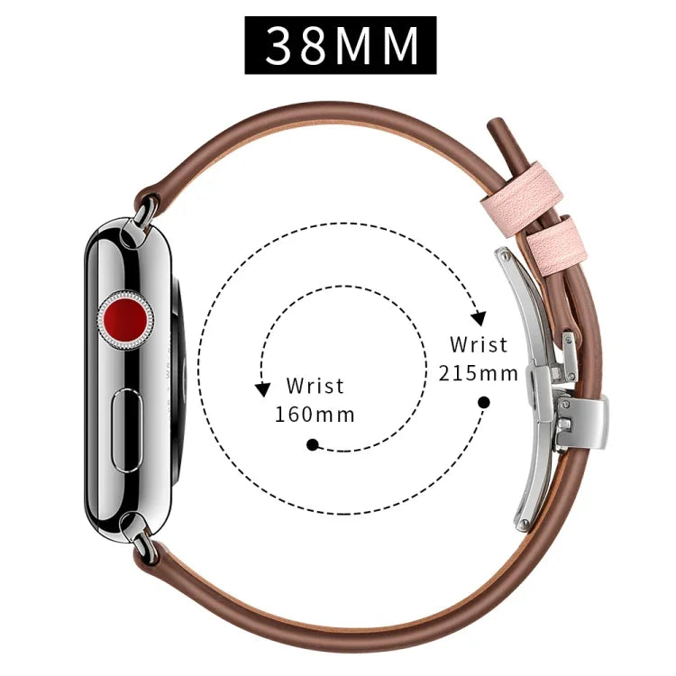 أحزمة ساعات بديلة من الجلد الطبيعي مع إبزيم فراشة فضي لسلسلة Apple Watch 6 و SE و 5 و 4 مقاس 40مم / 3 و 2 و 1 مقاس 38مم، إبزيم فضي لسلسلة Apple Watch 7 مقاس 41مم / 6 و SE و 5 و 4 مقاس 40مم / 3 و 2 و 1 مقاس 38مم