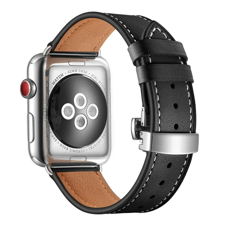 أحزمة ساعات بديلة من الجلد الطبيعي مع إبزيم فراشة فضي لسلسلة Apple Watch 6 و SE و 5 و 4 مقاس 40مم / 3 و 2 و 1 مقاس 38مم، إبزيم فضي لسلسلة Apple Watch 7 مقاس 41مم / 6 و SE و 5 و 4 مقاس 40مم / 3 و 2 و 1 مقاس 38مم