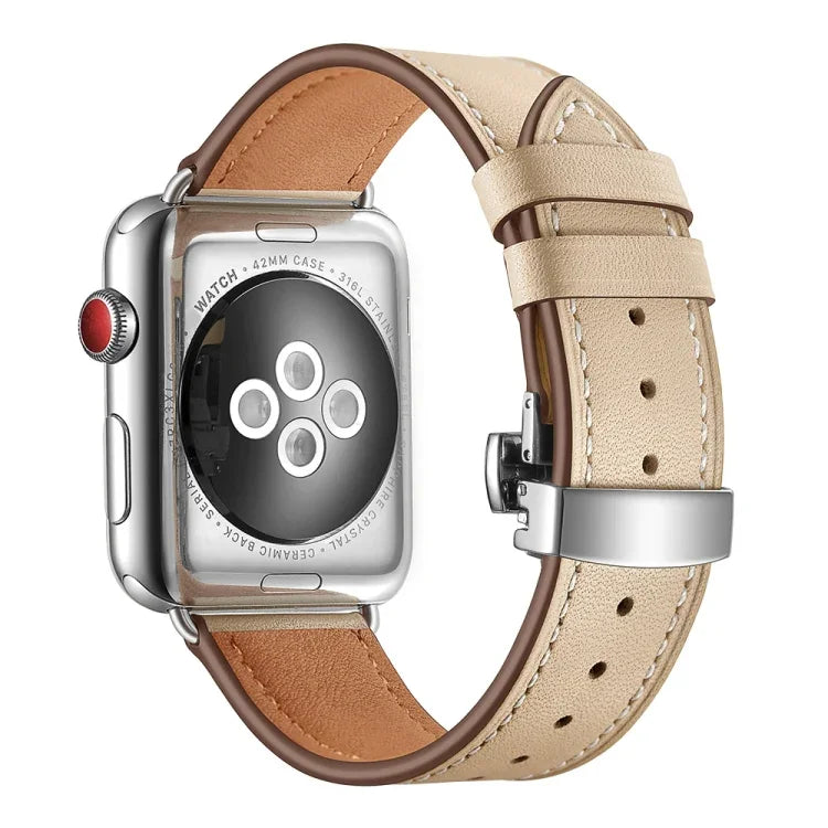 أحزمة ساعات بديلة من الجلد الطبيعي مع إبزيم فراشة فضي لسلسلة Apple Watch 6 و SE و 5 و 4 مقاس 40مم / 3 و 2 و 1 مقاس 38مم، إبزيم فضي لسلسلة Apple Watch 7 مقاس 41مم / 6 و SE و 5 و 4 مقاس 40مم / 3 و 2 و 1 مقاس 38مم