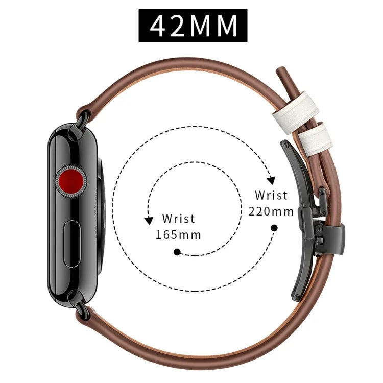 أحزمة ساعات بديلة من الجلد الطبيعي مع إبزيم فراشة أسود لسلسلة Apple Watch 6 و SE و 5 و 4 مقاس 44مم / 3 و 2 و 1 مقاس 42مم، إبزيم أسود لسلسلة Apple Watch 7 مقاس 45مم / 6 و SE و 5 و 4 مقاس 44مم / 3 و 2 و 1 مقاس 42مم