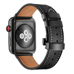 أحزمة ساعات بديلة من الجلد الطبيعي مع إبزيم فراشة أسود لسلسلة Apple Watch 6 و SE و 5 و 4 مقاس 44مم / 3 و 2 و 1 مقاس 42مم، إبزيم أسود لسلسلة Apple Watch 7 مقاس 45مم / 6 و SE و 5 و 4 مقاس 44مم / 3 و 2 و 1 مقاس 42مم