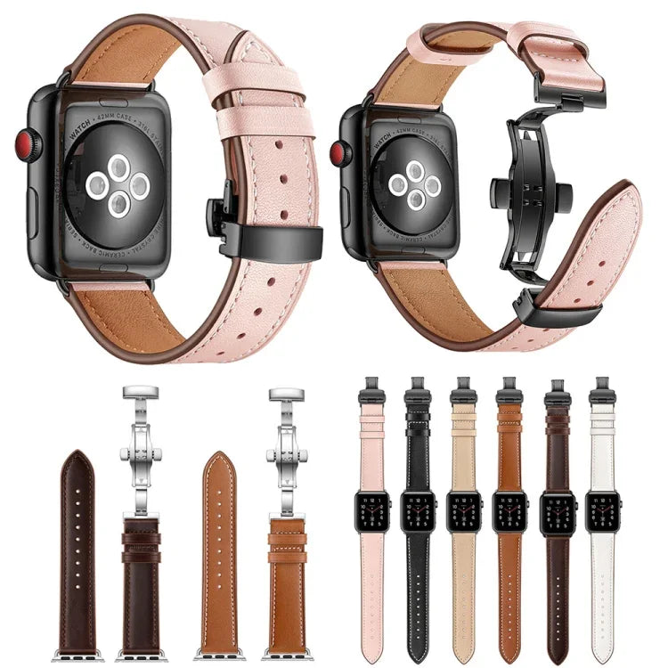 أحزمة ساعات بديلة من الجلد الطبيعي مع إبزيم فراشة أسود لسلسلة Apple Watch 6 و SE و 5 و 4 مقاس 44مم / 3 و 2 و 1 مقاس 42مم، إبزيم أسود لسلسلة Apple Watch 7 مقاس 45مم / 6 و SE و 5 و 4 مقاس 44مم / 3 و 2 و 1 مقاس 42مم