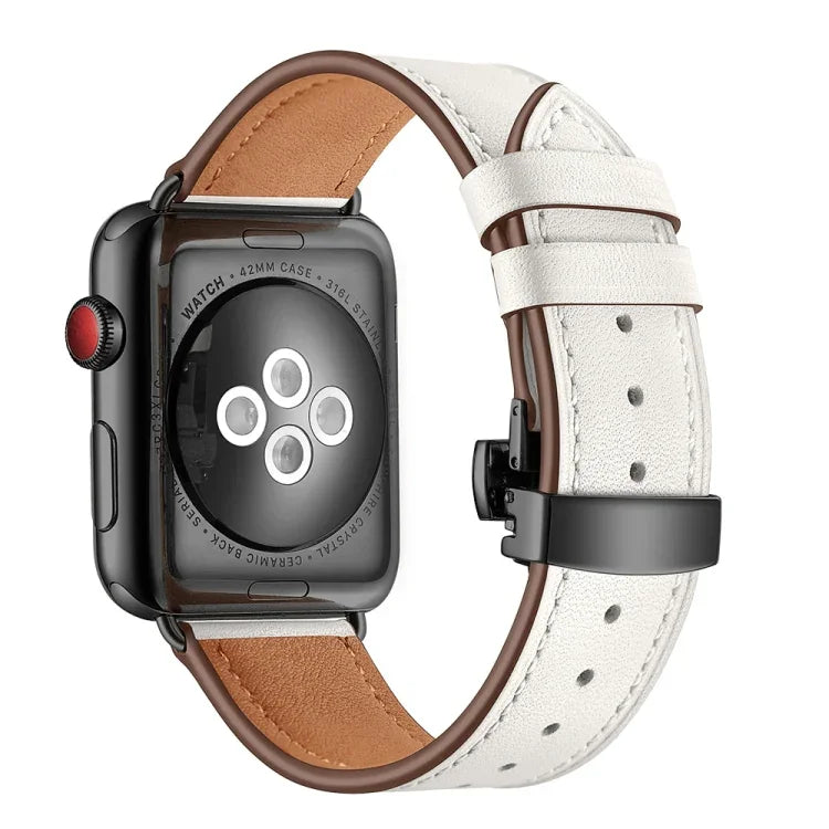 أحزمة ساعات بديلة من الجلد الطبيعي مع إبزيم فراشة أسود لسلسلة Apple Watch 6 و SE و 5 و 4 مقاس 40مم / 3 و 2 و 1 مقاس 38مم، إبزيم أسود لسلسلة Apple Watch 8 و 7 مقاس 41مم / SE 2 و 6 و SE و 5 و 4 مقاس 40مم / 3 و 2 و 1 مقاس 38مم