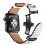 أحزمة ساعات بديلة من الجلد الطبيعي مع إبزيم فراشة أسود لسلسلة Apple Watch 6 و SE و 5 و 4 مقاس 40مم / 3 و 2 و 1 مقاس 38مم، إبزيم أسود لسلسلة Apple Watch 8 و 7 مقاس 41مم / SE 2 و 6 و SE و 5 و 4 مقاس 40مم / 3 و 2 و 1 مقاس 38مم