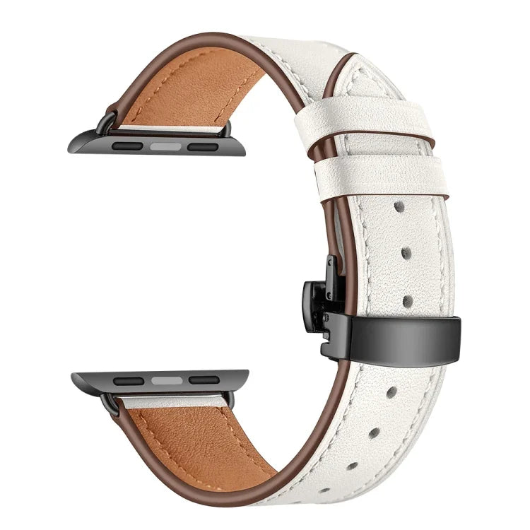 أحزمة ساعات بديلة من الجلد الطبيعي مع إبزيم فراشة أسود لسلسلة Apple Watch 6 و SE و 5 و 4 مقاس 40مم / 3 و 2 و 1 مقاس 38مم، إبزيم أسود لسلسلة Apple Watch 8 و 7 مقاس 41مم / SE 2 و 6 و SE و 5 و 4 مقاس 40مم / 3 و 2 و 1 مقاس 38مم
